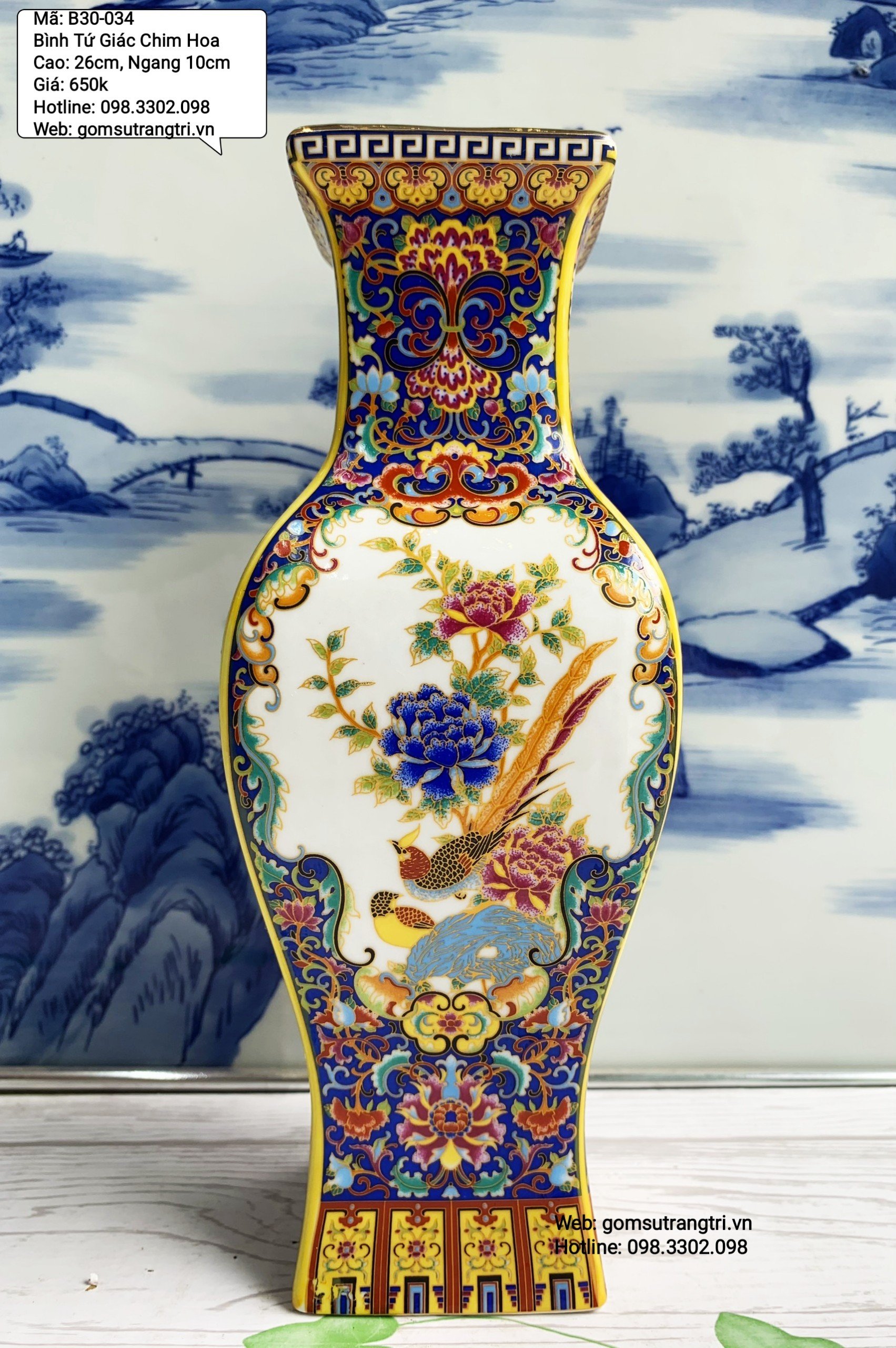 Bình Tứ Giác Chim Hoa