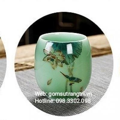 Bộ Ấm Chén Họa Tiết Hoa Đào Men Xanh Ngọc