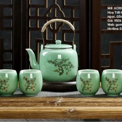Bộ Ấm Chén Họa Tiết Hoa Đào Men Xanh Ngọc