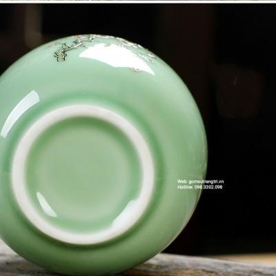 Bộ Ấm Chén Họa Tiết Hoa Đào Men Xanh Ngọc