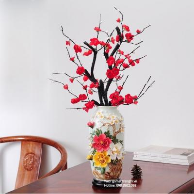 Bình Thủ Công Đắp Nổi Hoa Khai Phú Quý