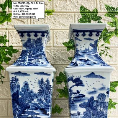 Cặp Bình Tứ Giác Vẽ Tay Sơn Thủy
