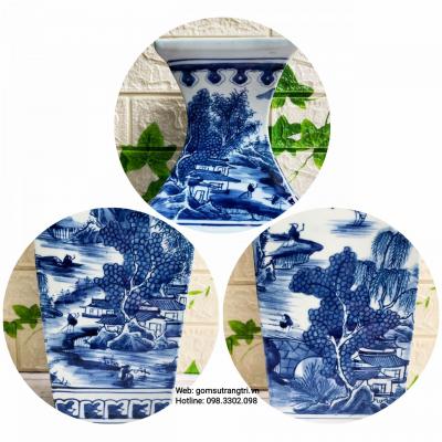 Cặp Bình Tứ Giác Vẽ Tay Sơn Thủy