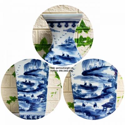 Cặp Bình Tứ Giác Vẽ Tay Sơn Thủy