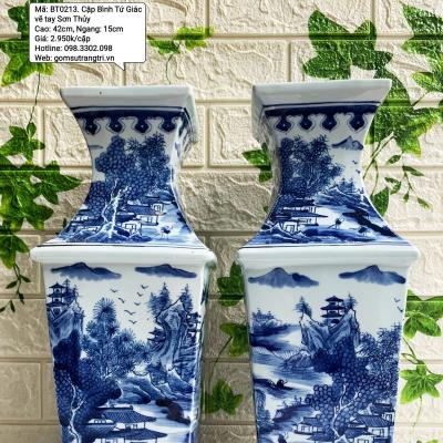 Cặp Bình Tứ Giác Vẽ Tay Sơn Thủy